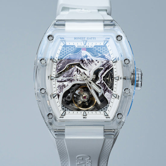 BONEST GATTI Carbon fiber + Aluminum alloy Case Barrel shaped road of climb 3D Mountain climber pattern Skeleton Movement Sapphire Crystal Watch BG9002 TIMEMASTER