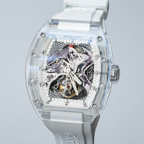 BONEST GATTI Carbon fiber + Aluminum alloy Case Barrel shaped road of climb 3D Mountain climber pattern Skeleton Movement Sapphire Crystal Watch BG9002 TIMEMASTER