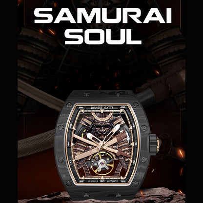 BONEST GATTI Automatic Tonneau Watch Phantom Black Warrior Dial Carbon Fiber Skeleton Self Wind Movement Sapphire Crystal Luminous Watch BG9008 TIMEMASTER