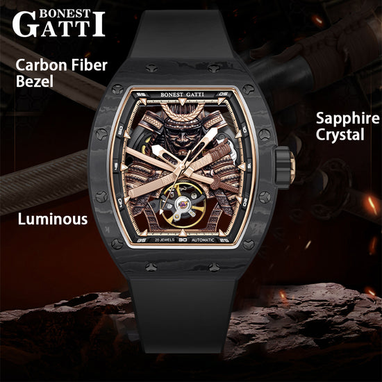BONEST GATTI Automatic Tonneau Watch Phantom Black Warrior Dial Carbon Fiber Skeleton Self Wind Movement Sapphire Crystal Luminous Watch BG9008 TIMEMASTER