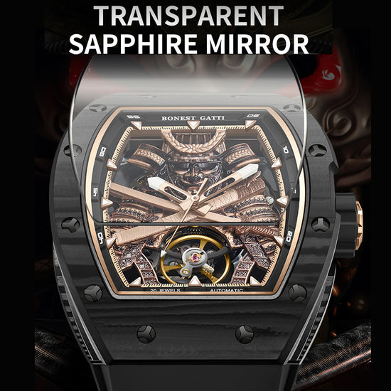 BONEST GATTI Automatic Tonneau Watch Phantom Black Warrior Dial Carbon Fiber Skeleton Self Wind Movement Sapphire Crystal Luminous Watch BG9008 TIMEMASTER