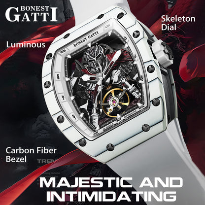 BONEST GATTI Automatic Tonneau Watch Spartan Warrior Series Carbon Fiber Skeleton Self Wind Movement Sapphire Crystal Luminous Watch BG9009 TIMEMASTER