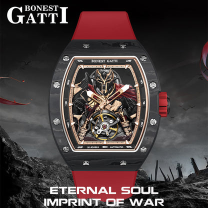 BONEST GATTI Automatic Tonneau Watch Spartan Warrior Series Carbon Fiber Skeleton Self Wind Movement Sapphire Crystal Luminous Watch BG9009 TIMEMASTER