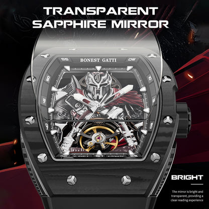BONEST GATTI Automatic Tonneau Watch Spartan Warrior Series Carbon Fiber Skeleton Self Wind Movement Sapphire Crystal Luminous Watch BG9009 TIMEMASTER