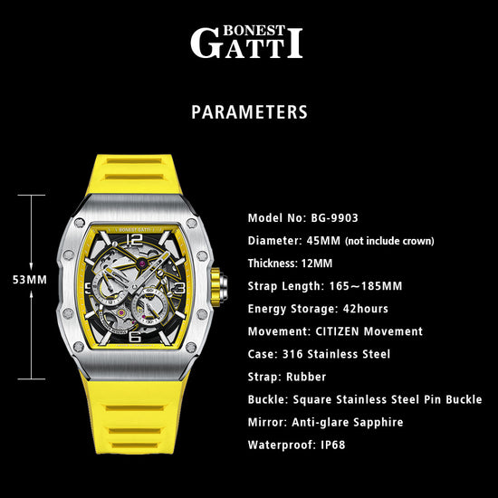 BONEST GATTI Barrel shaped Skeleton Sapphire Crystal CITIZEN Movement Watch BG9903 TIMEMASTER