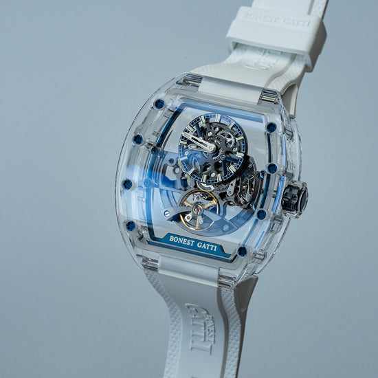 BONEST GATTI Barrel shaped K9 Crystal case Skeleton Movement Fluororubber Strap Watch Luminous BG9960 TIMEMASTER