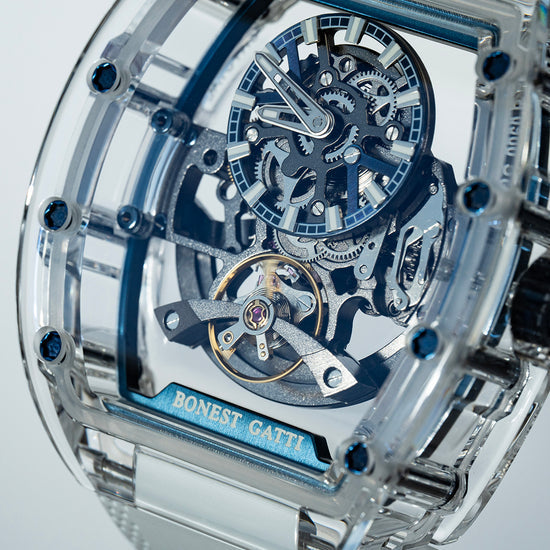 BONEST GATTI Barrel shaped K9 Crystal case Skeleton Movement Fluororubber Strap Watch Luminous BG9960 TIMEMASTER