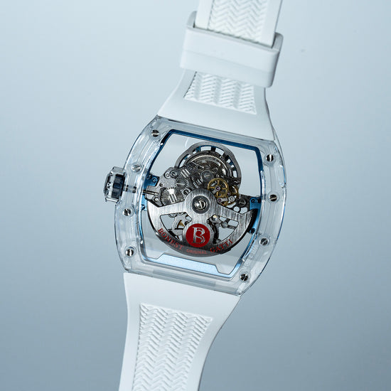 BONEST GATTI Barrel shaped K9 Crystal case Skeleton Movement Fluororubber Strap Watch Luminous BG9960 TIMEMASTER