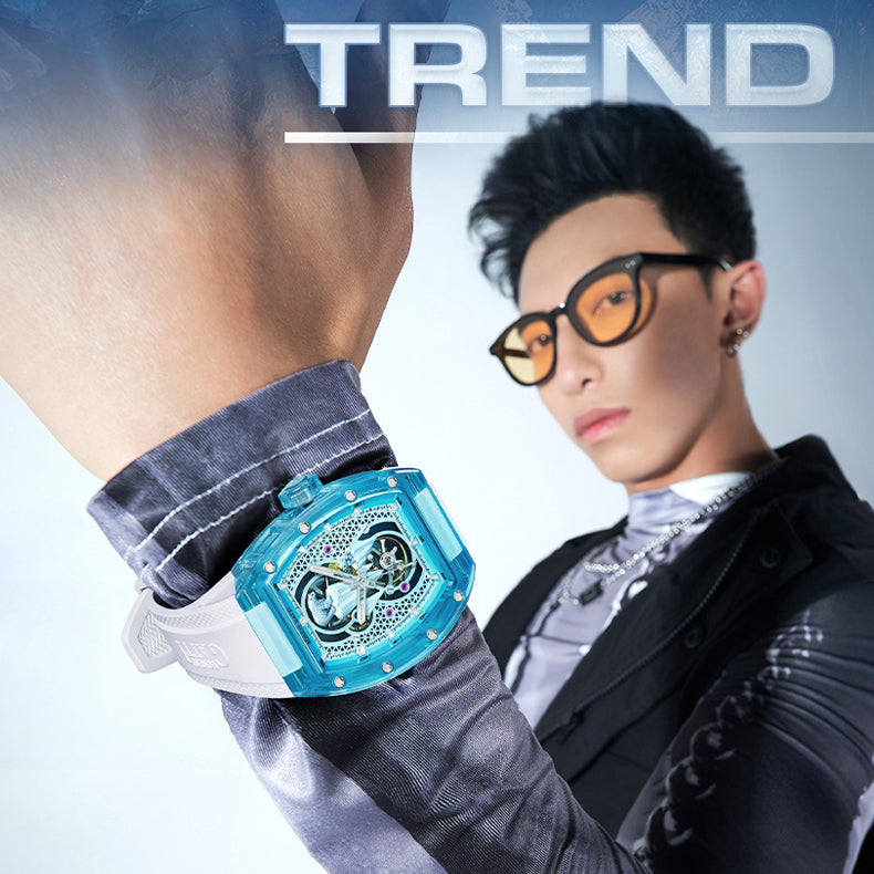 BONEST GATTI Crystal Case 3D Polar Bear Tonneau shaped Skeleton Movement K9 Crystal Case Fluororubber Strap Watch Luminous GB6002 TIMEMASTER