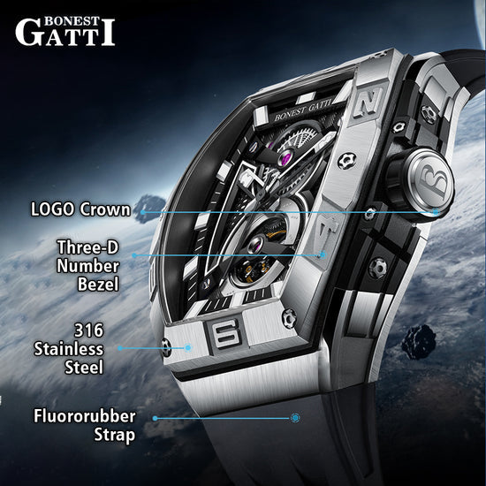BONEST GATTI 361L Case Barrel shaped watch Skeleton Movement Crystal Sapphire Watch BG5701 TIMEMASTER