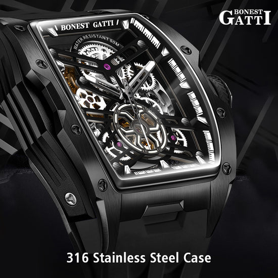 BONEST GATTI Automatic Skeleton Movement Barrel shaped Case Luminous BG5502 TIMEMASTER