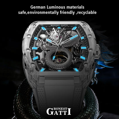 BONEST GATTI Crystal Case Dragon Barrel shaped Skeleton Movement K9 Crystal Case Fluororubber Strap Watch Luminous GB9980 TIMEMASTER