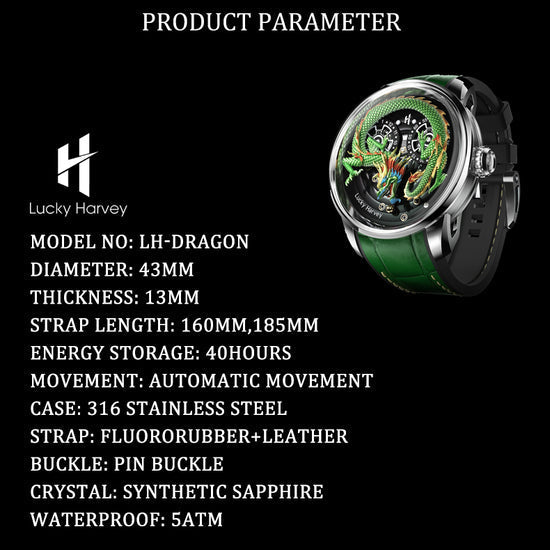 Green Dragon Automatic Watch Spit out Gold Bead Luminous Lucky Harvey TIMEMASTER