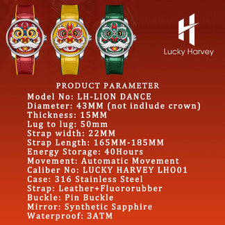 Green Lion Dance Moving Eye Automatic LH001 Movement Luminous Watch For Men Lucky Harvey TIMEMASTER & CO