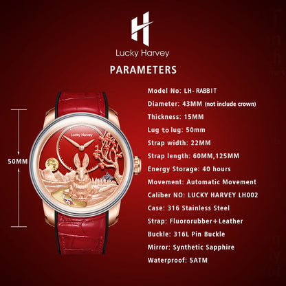 【Limited Edition 388PCS】Gold Rabbit Automatic Watch Chinese New Year 2023 Luminous Lucky Harvey TIMEMASTER