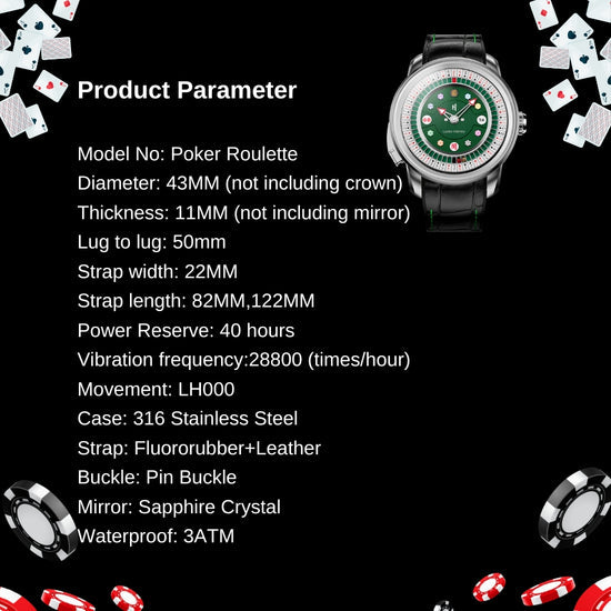 Player Series Silver Poker Roulette Automatic Watch Lucky Harvey TIMEMASTER