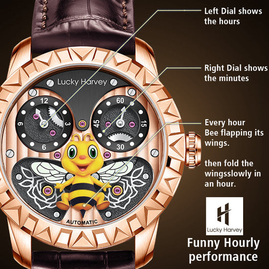 Gold Bee Automatic Watch Round Shaped Case Luminous Lucky Harvey TIMEMASTER
