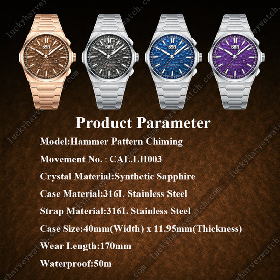 【Limited Edition 300pcs】Hammer Dial Big Date Automatic Winding Purple Chiming Watch Lucky Harvey TIMEMASTER