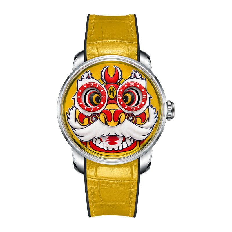 Yellow Lion Dance Moving Eye Automatic LH001 Movement Luminous Watch For Men Lucky Harvey TIMEMASTER