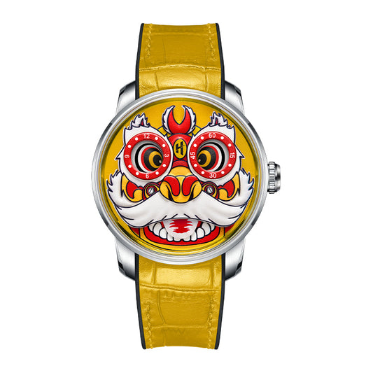 Yellow Lion Dance Moving Eye Automatic LH001 Movement Luminous Watch For Men Lucky Harvey TIMEMASTER